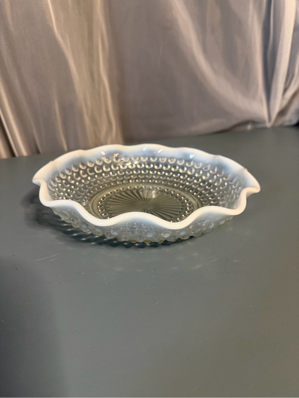 Vintage Anchor Hocking Moonstone Hobnail Milk Glass Scalloped Serving Bowl 8”